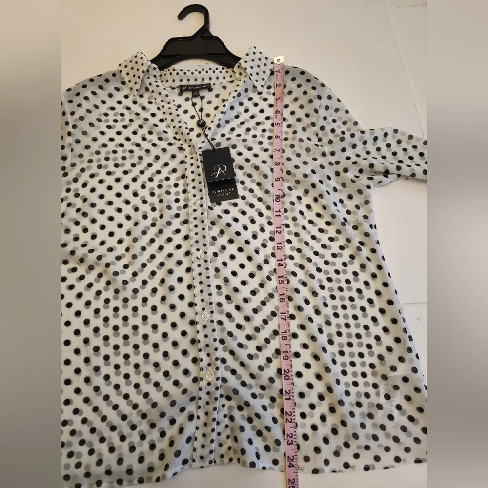 NWT Adrianna Papell Sheer Polka Dot Chiffon V Blouse Black White Size Large - Picture 11 of 17